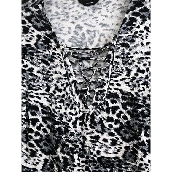TOP/BLOUSE-BEBE-Black White Gray-Animal Print-Front Lace Up-Long Sleeves-LRG - Picture 4 of 15
